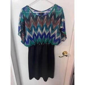 AUW Chevron Print Colorblock Dress Green Blue Black Short Sleeve Medium NWT